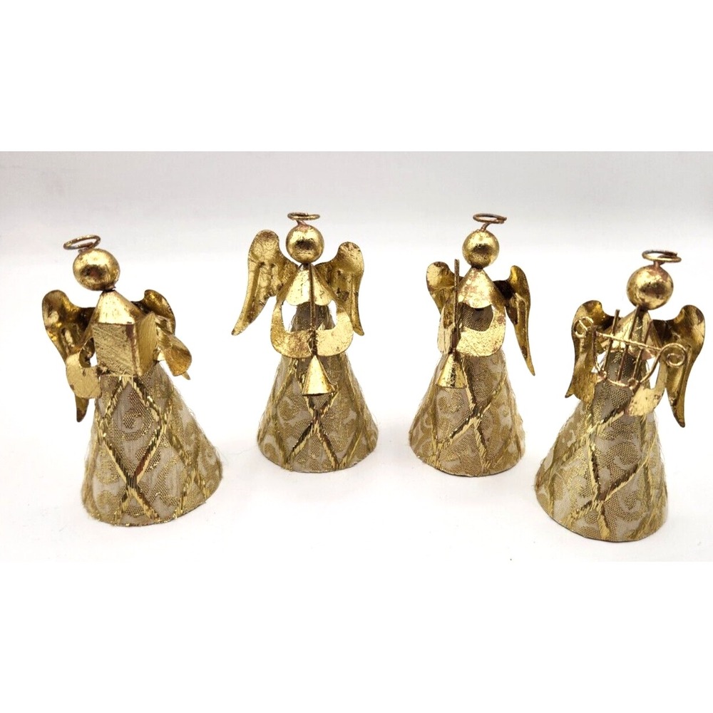 Giftcraft Vintage Angel Christmas Ornaments Set of 4 holding Instruments Gold